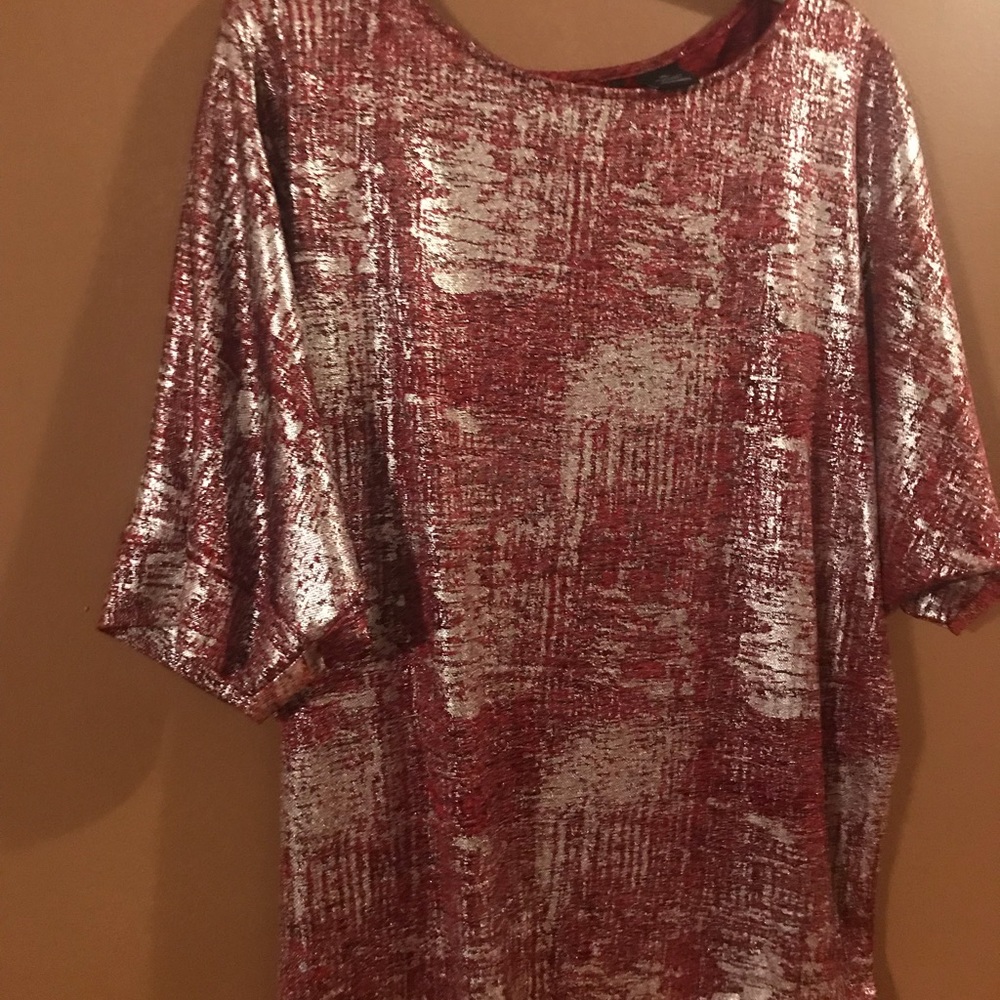 SOLD!New Directions red & silver metallic blouse